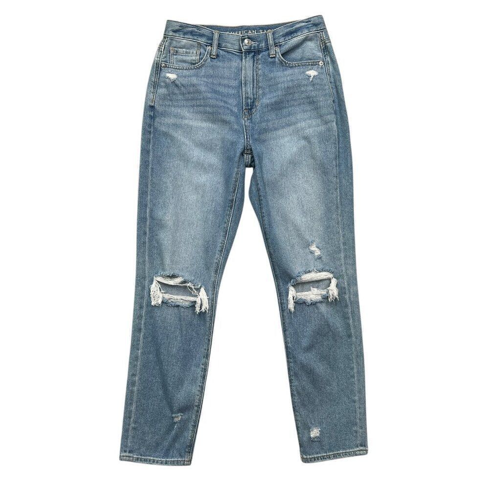 American‎ Eagle Mom Jeans Women's 4 Blue Medium Wash Distressed Denim